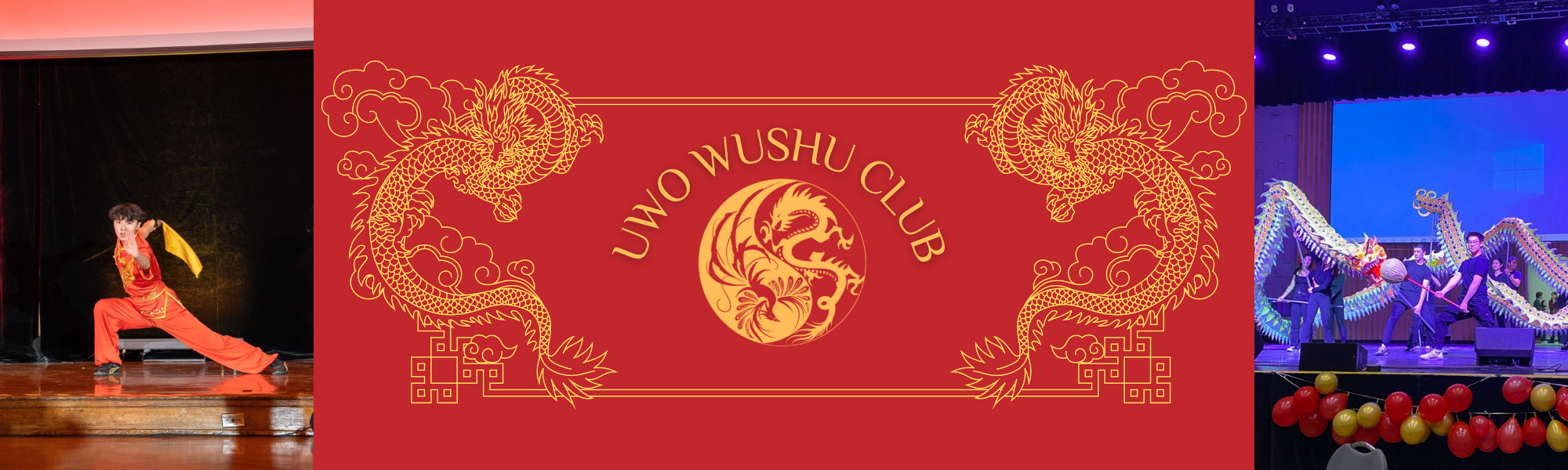 Red banner for Wushu Club with 2 pictures of participants competing